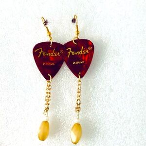 Red and gold guitar pick earrings